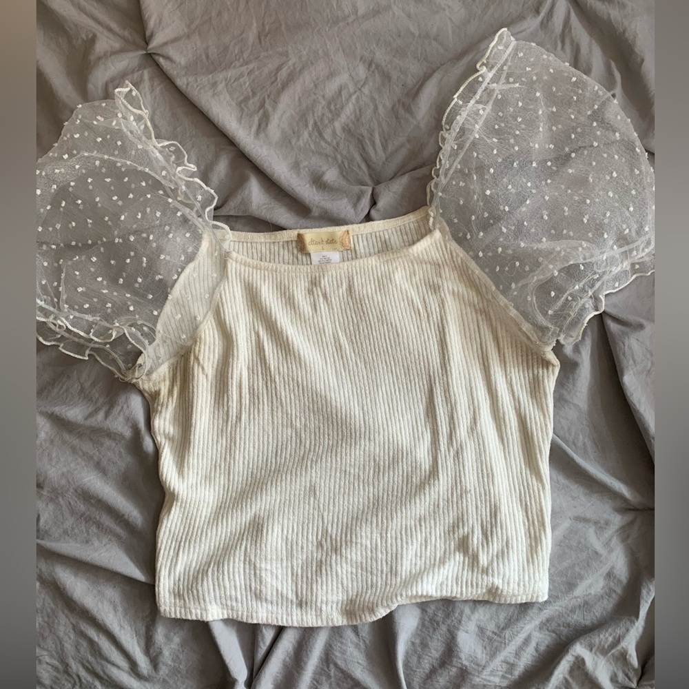 Altar’d State White Puff Sleeve Sheer Polka Dot Sleeve Top
